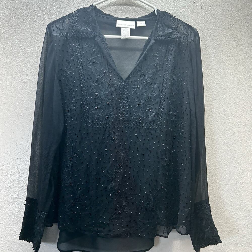 Vintage Worthington Womens Top SZ 14 Black Silk Chiffon Beaded Whimsigoth Witchy